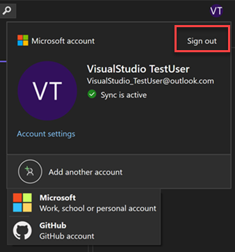 Screenshot showing Visual Studio sign out option