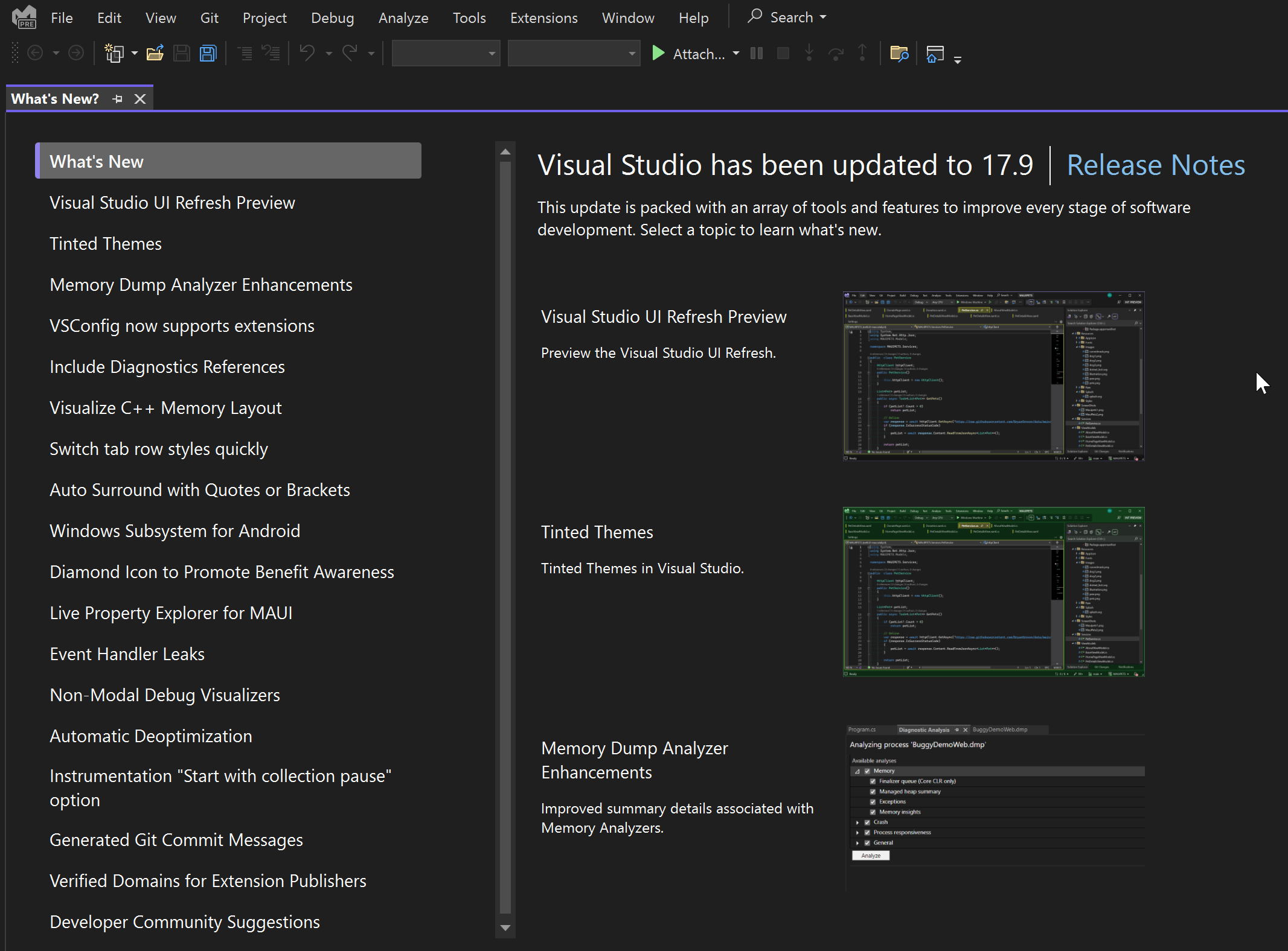 Screenshot of the in-product notification of what's new in each updated release of Visual Studio.