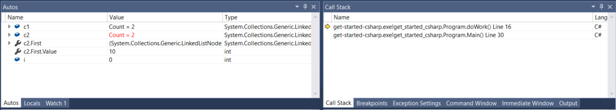 Screenshot of the Visual Studio Autos and Call Stack windows.