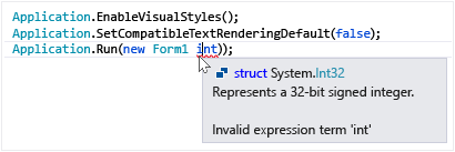 Screenshot of the Visual Studio error hover action.