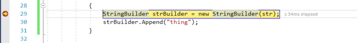 Screenshot of the Visual Studio code window. A red dot in the left gutter indicates a breakpoint at the line of code marked in yellow.