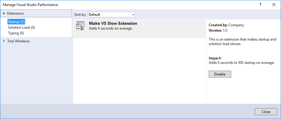 Manage Visual Studio performance - extensions view