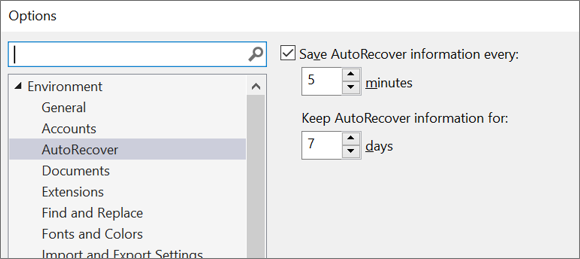 Screenshot of the AutoRecover section in the Options dialog box