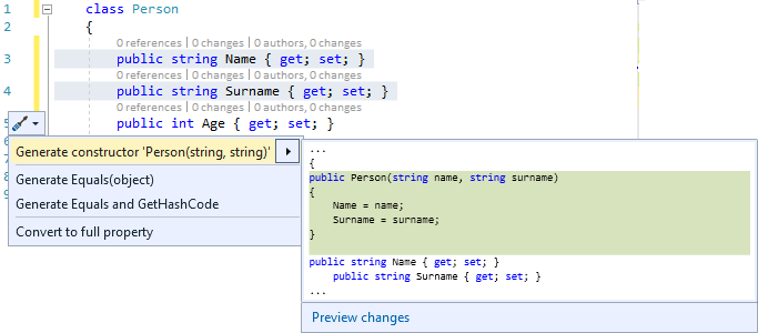 Screenshot of the Generate constructor Person string string option.