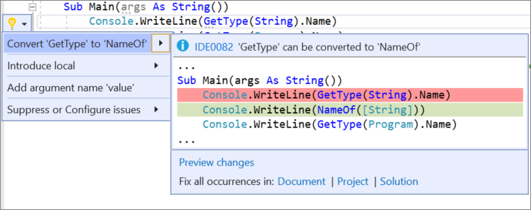 Screenshot of the Quick Actions and Refactorings menu in Visual Studio with Convert 'GetType' to 'NameOf' selected and Visual Basic code changes shown.
