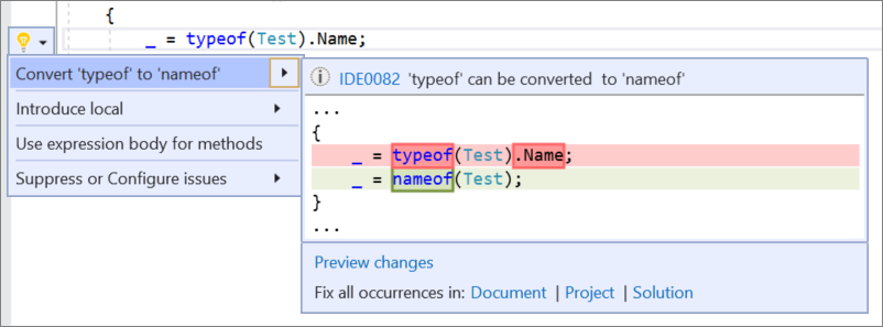 Screenshot of the Quick Actions and Refactorings menu in Visual Studio with Convert 'typeof' to 'nameof' selected, and C# code changes shown.