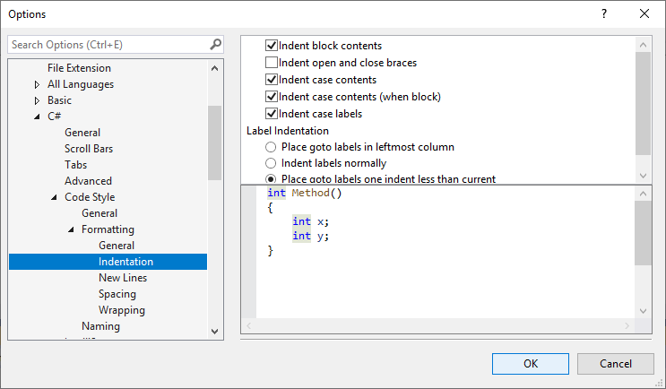 C# text editor indentation options in Visual Studio