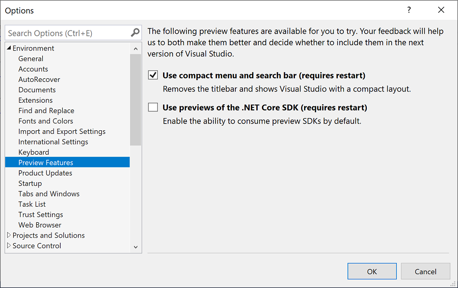 Preview Features, Environment, Options dialog box Visual Studio