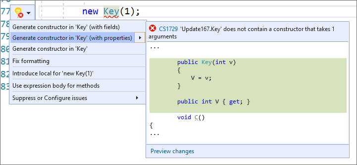 Screenshot of the Generate constructor in Key (with properties) option.