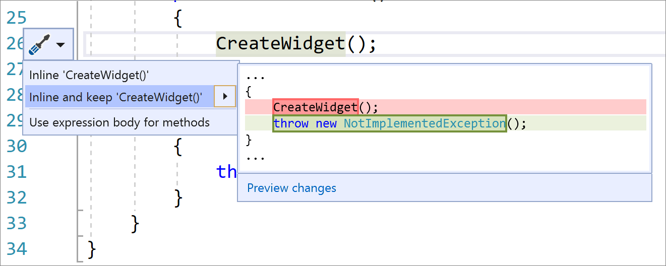 Screenshot of the Quick Actions and Refactorings menu in Visual Studio with Convert 'Inline and keep 'CreateWidget()' selected and C# code changes shown.