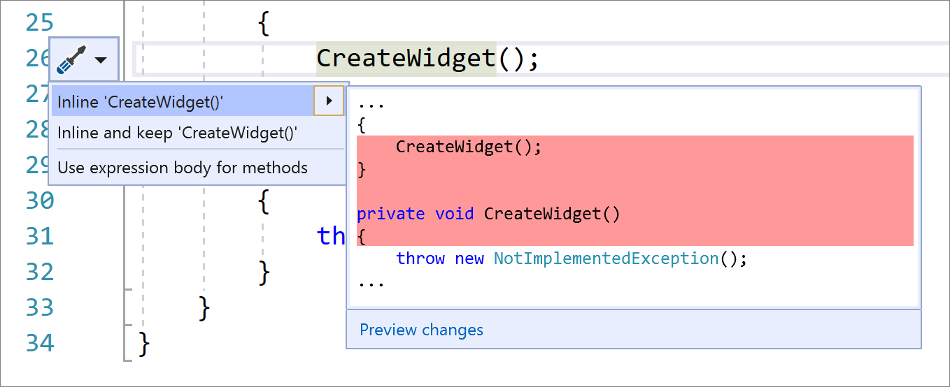 Screenshot of the Quick Actions and Refactorings menu in Visual Studio with Convert 'Inline 'CreateWidget()' selected and C# code changes shown.