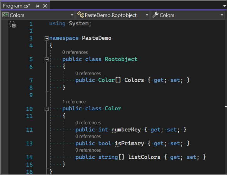 Screenshot of the JSON example text converted to classes by using the Paste Special feature in Visual Studio.