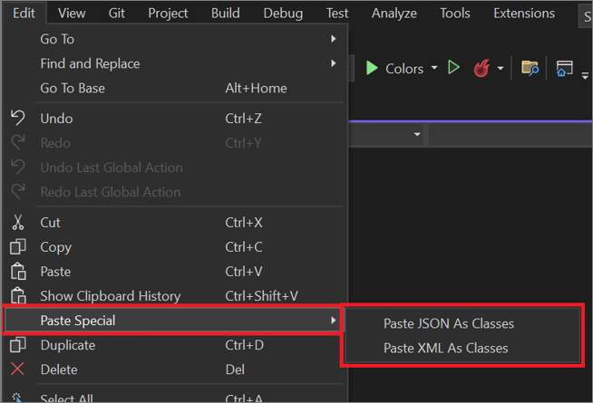 Screenshot of the Paste Special option from the Edit menu in Visual Studio.