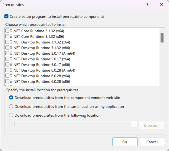 Prerequisites dialog box in Visual Studio