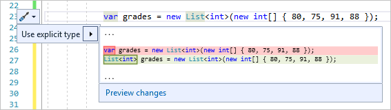 Use explicit type quick actions menu