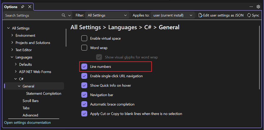 Screenshot that shows how to enable line numbering for a specific language.