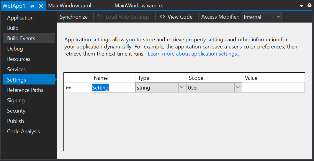 Settings Page, Project Designer - Visual Studio (Windows) | Microsoft Learn