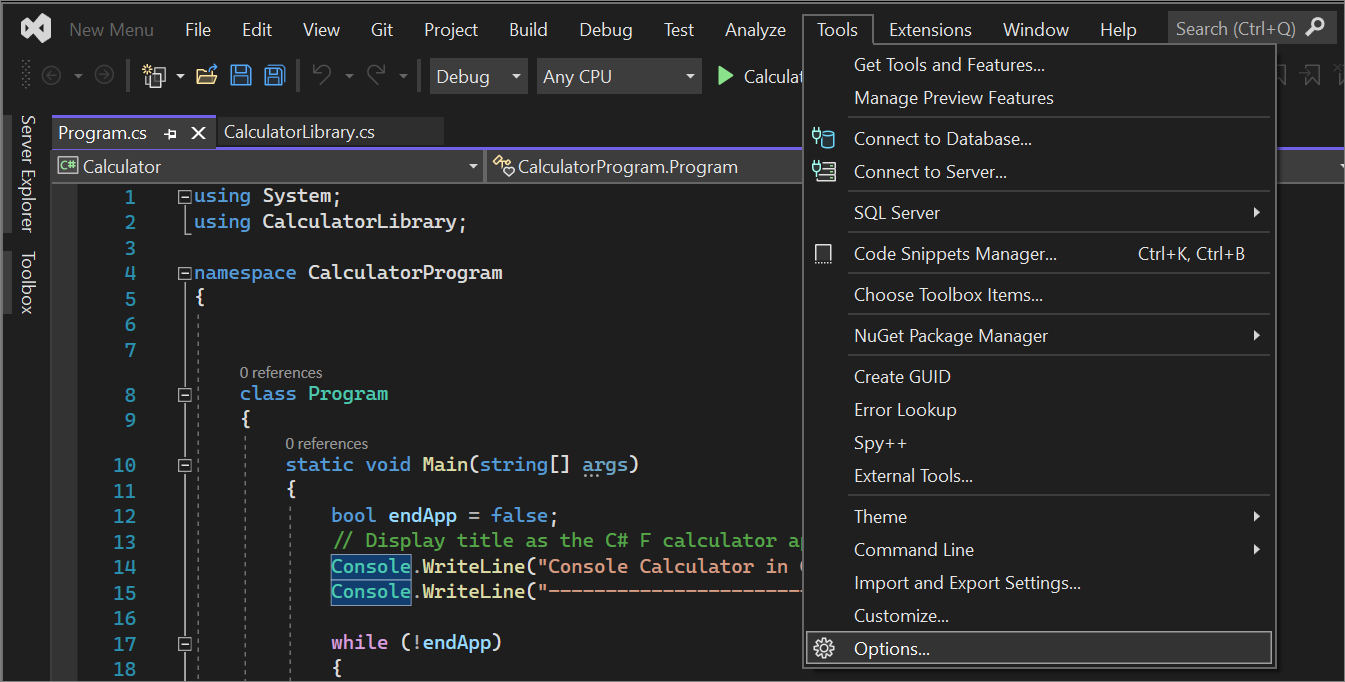 Screenshot of the menu bar in Visual Studio with Tools and Options selected.