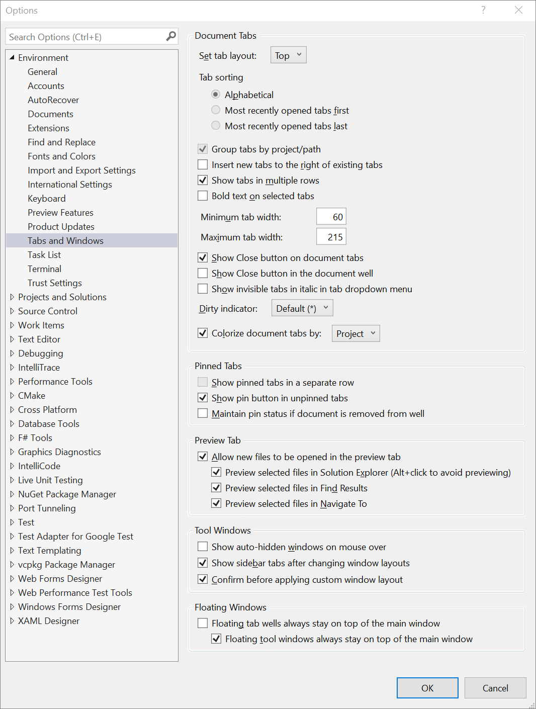 Tabs and Windows, Environment, Options Dialog Box - Visual Studio (Windows)  | Microsoft Learn