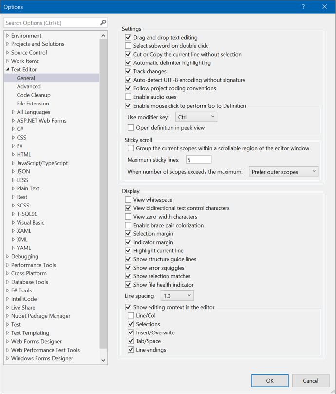 Options, Text Editor, General - Visual Studio (Windows) | Microsoft Learn