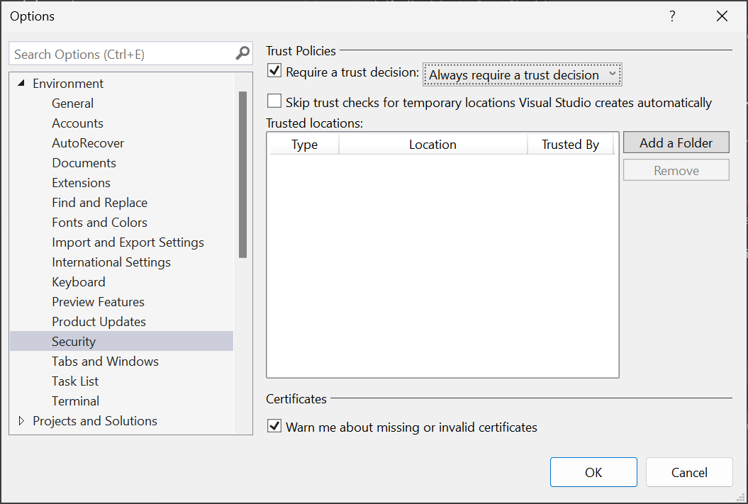 trust-settings-for-files-and-folders-visual-studio-windows