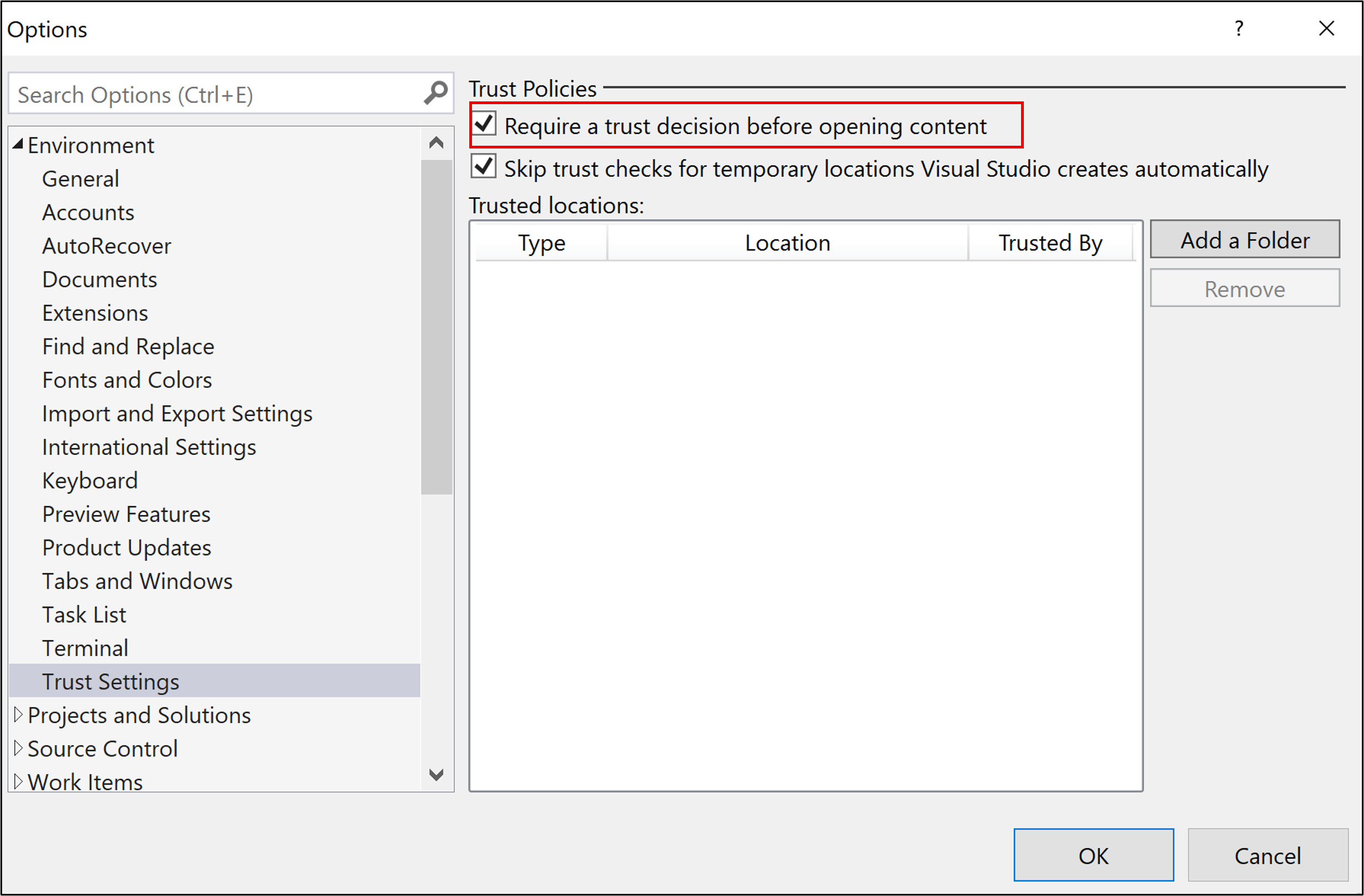 Trust Settings For Files And Folders Visual Studio Windows 