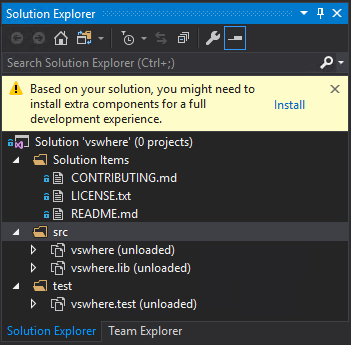 Solution Explorer suggests additional components