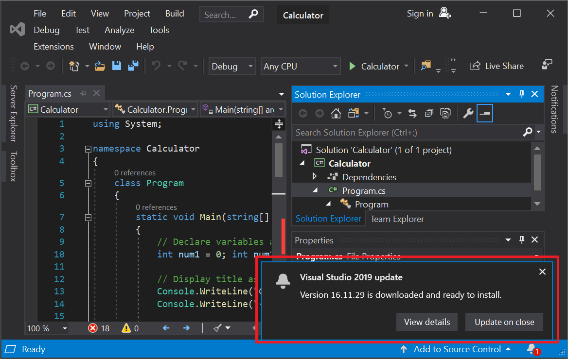 Screenshot showing the 'Visual Studio 2019 update' message in the IDE.