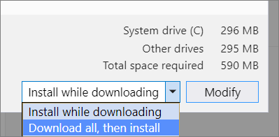 Screenshot showing the download and install options in the Visual Studio Installer.