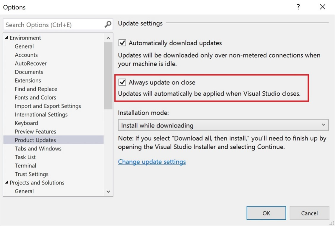 Screenshot showing the Always update on close option in the update settings dialog box.
