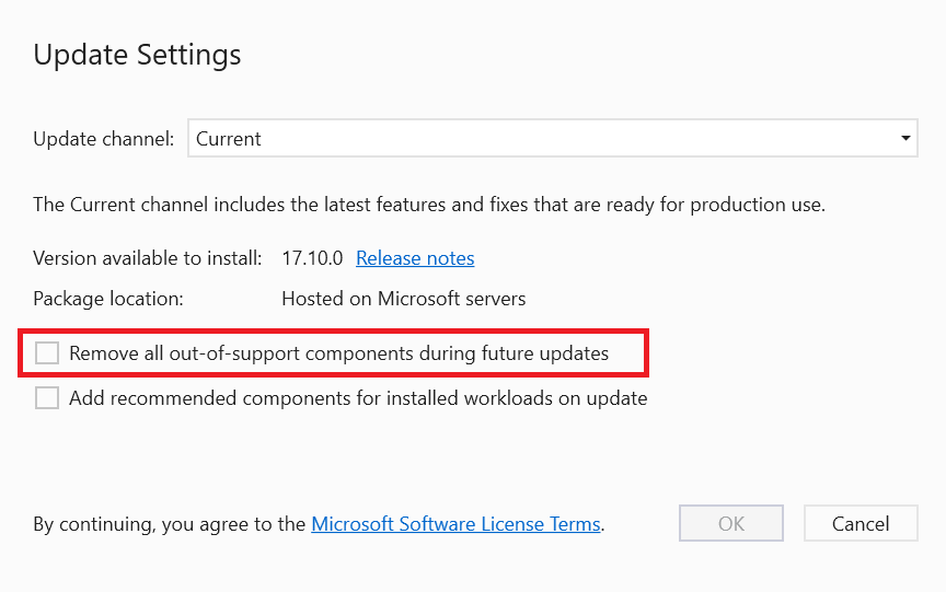 Screenshot showing the Remove out of support checkbox in update setting dialog.