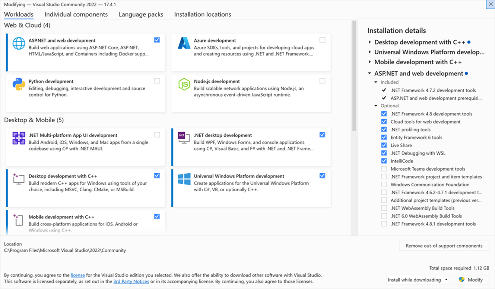 Modify Visual Studio workloads, components, & language packs | Microsoft  Learn