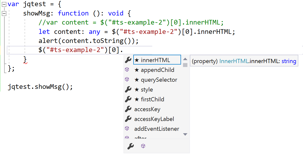 Screenshot that shows Intellisense results for the J Query example.