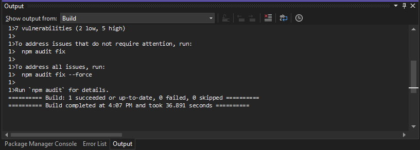 Screenshot of Output window in Visual Studio.