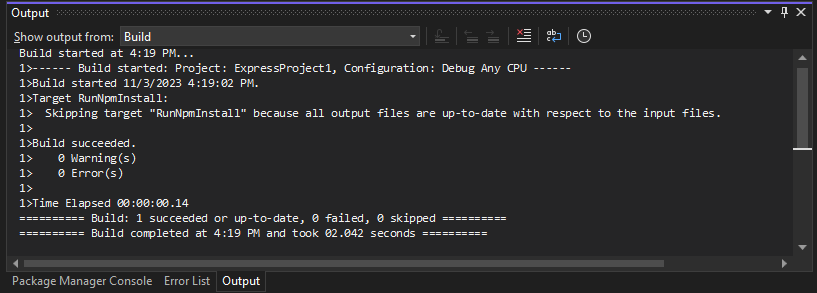 Screenshot of verbose build output in Visual Studio.