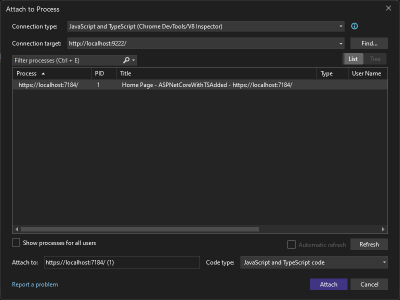 Screenshot showing how to Attach to a process in Debug menu.