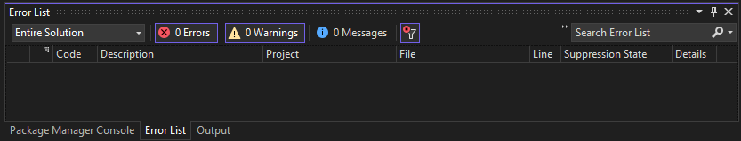 Screenshot of Error List in Visual Studio.