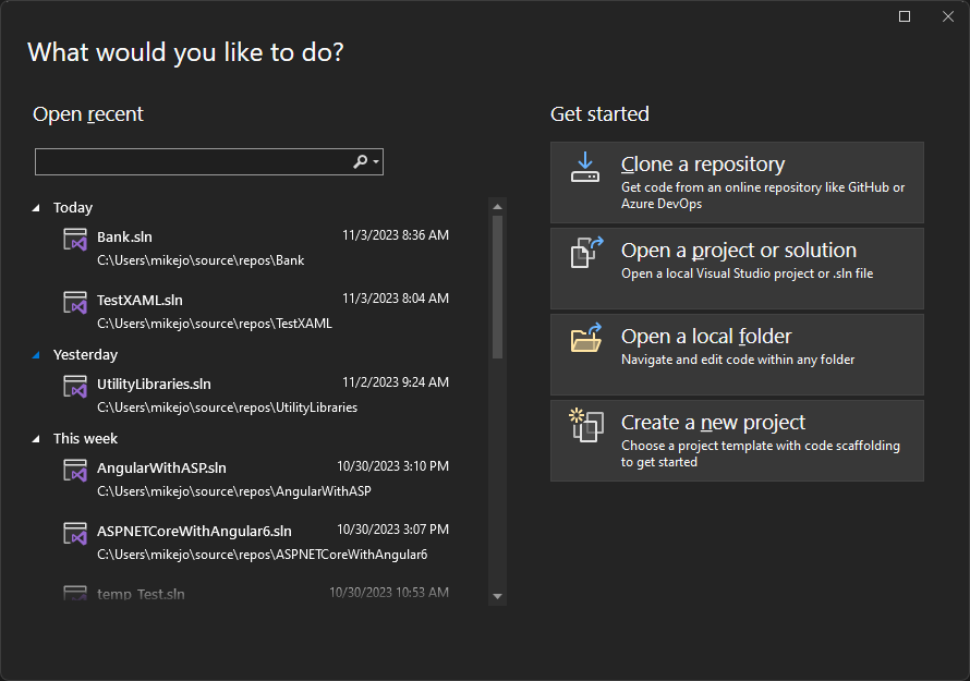 Screenshot of the start window in Visual Studio 2022.