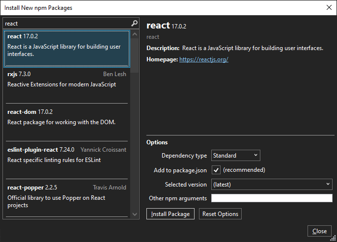 Screenshot that shows installing an npm package.