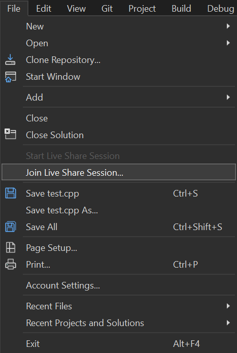 Screenshot that shows Visual Studio file menu with Join Live Share Session selected.