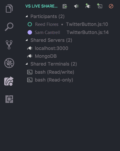 Screenshot that shows the Live Share tab in Visual Studio Code.