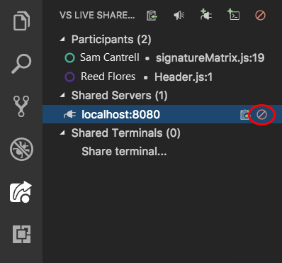 Screenshot that shows the Unshare server button.