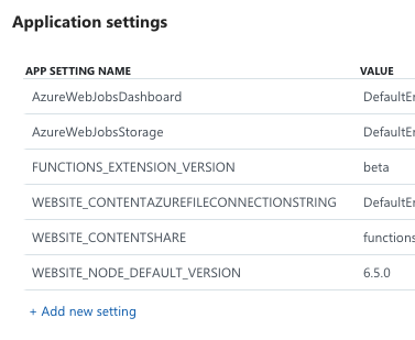 application settings area of Azure portal