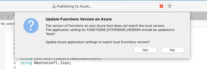 Prompt asking to "Update Azure application settings to match local Functions version?" with Yes and No options.