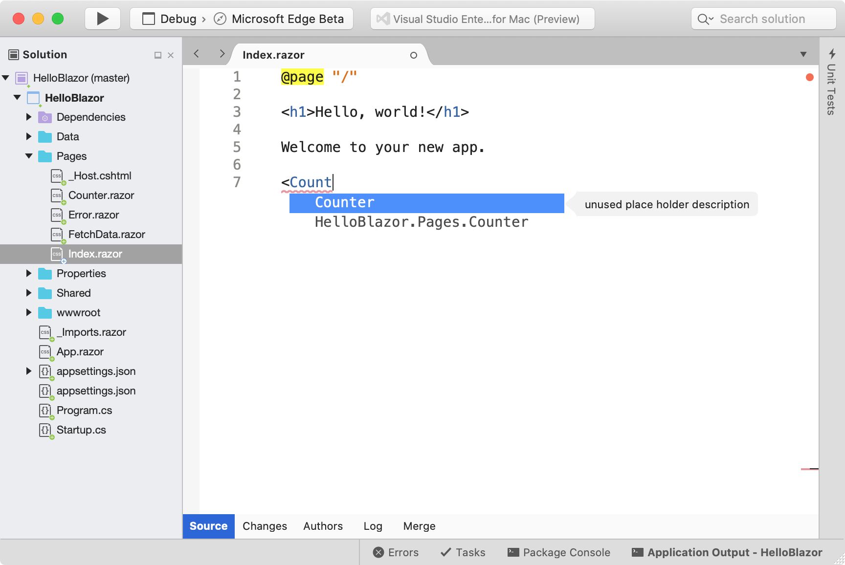 Visual Studio for Mac editor window showing Intellisense for Blazor