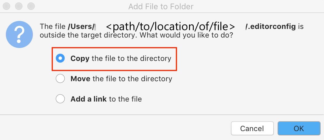 Add file to folder dialog options