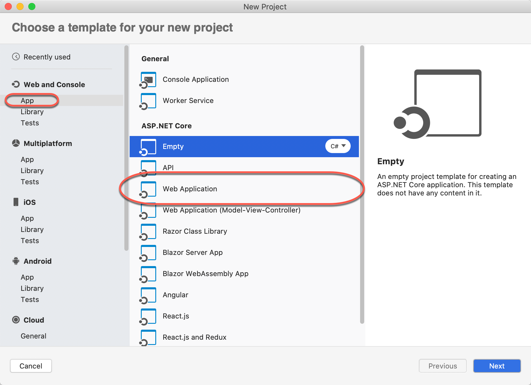 Screenshot showing how to select a Web Application template for your new project.