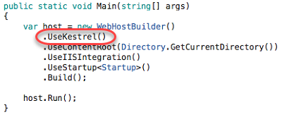 Screenshot of the C# Main method highlighting the host variable setting the server with the UseKestrel method.
