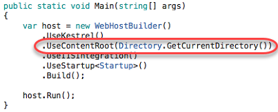 Screenshot of the C# Main method highlighting the host variable setting the content root for the server with the UseContentRoot method.