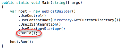 Screenshot of the C# Main method highlighting the host variable with the Build method.
